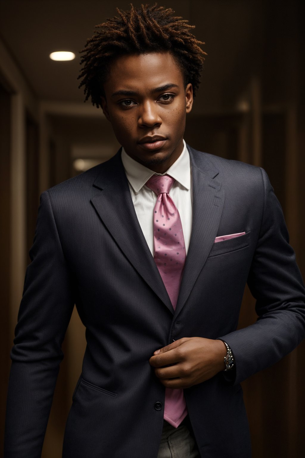 handsome and stylish man wearing a classic navy herringbone suit with a light pink dress shirt and a polka dot tie