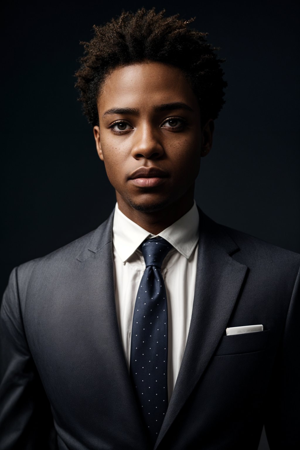 handsome and stylish man wearing a classic navy herringbone suit with a light pink dress shirt and a polka dot tie