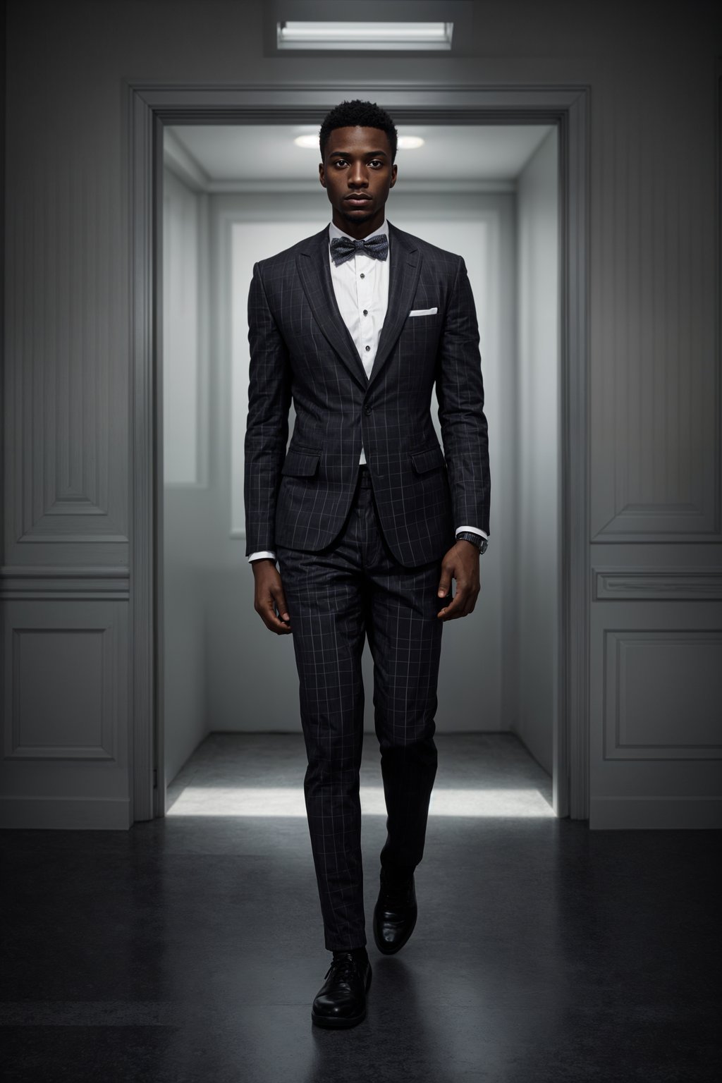 handsome and stylish man showcasing a unique windowpane check suit in a navy blue color with a patterned shirt and a contrasting bow tie