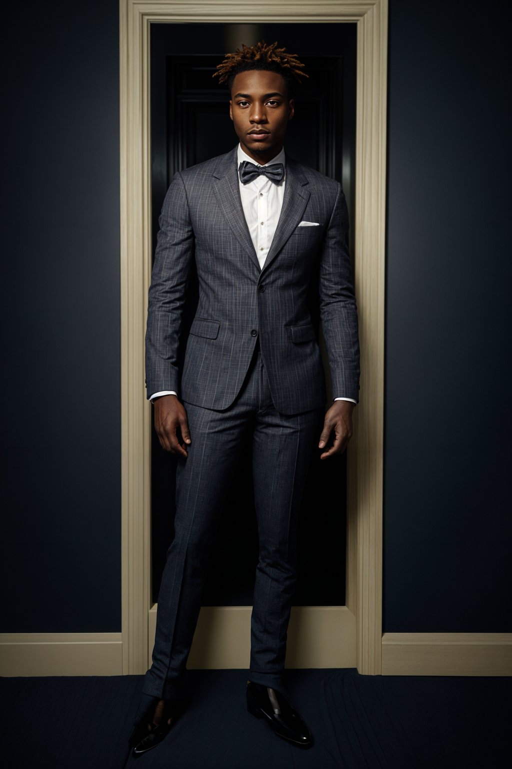 handsome and stylish man showcasing a unique windowpane check suit in a navy blue color with a patterned shirt and a contrasting bow tie