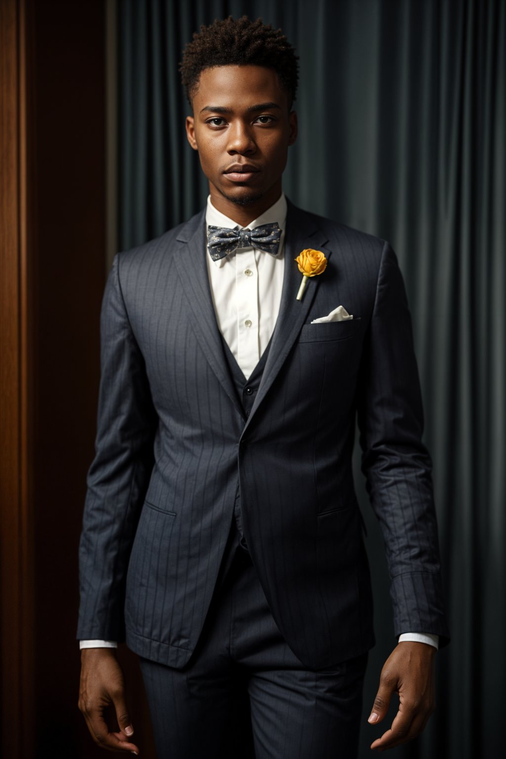 handsome and stylish man showcasing a unique windowpane check suit in a navy blue color with a patterned shirt and a contrasting bow tie