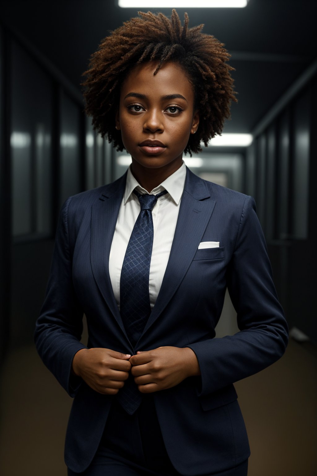 woman wearing a classic navy blue suit with a crisp white dress shirt and a patterned tie