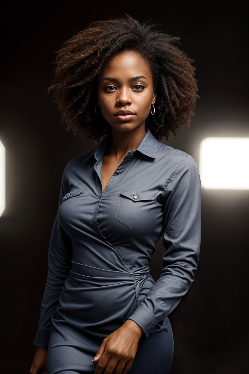 woman showcasing a modern slim-fit charcoal with a light blue dress shirt and a contrasting pocket square