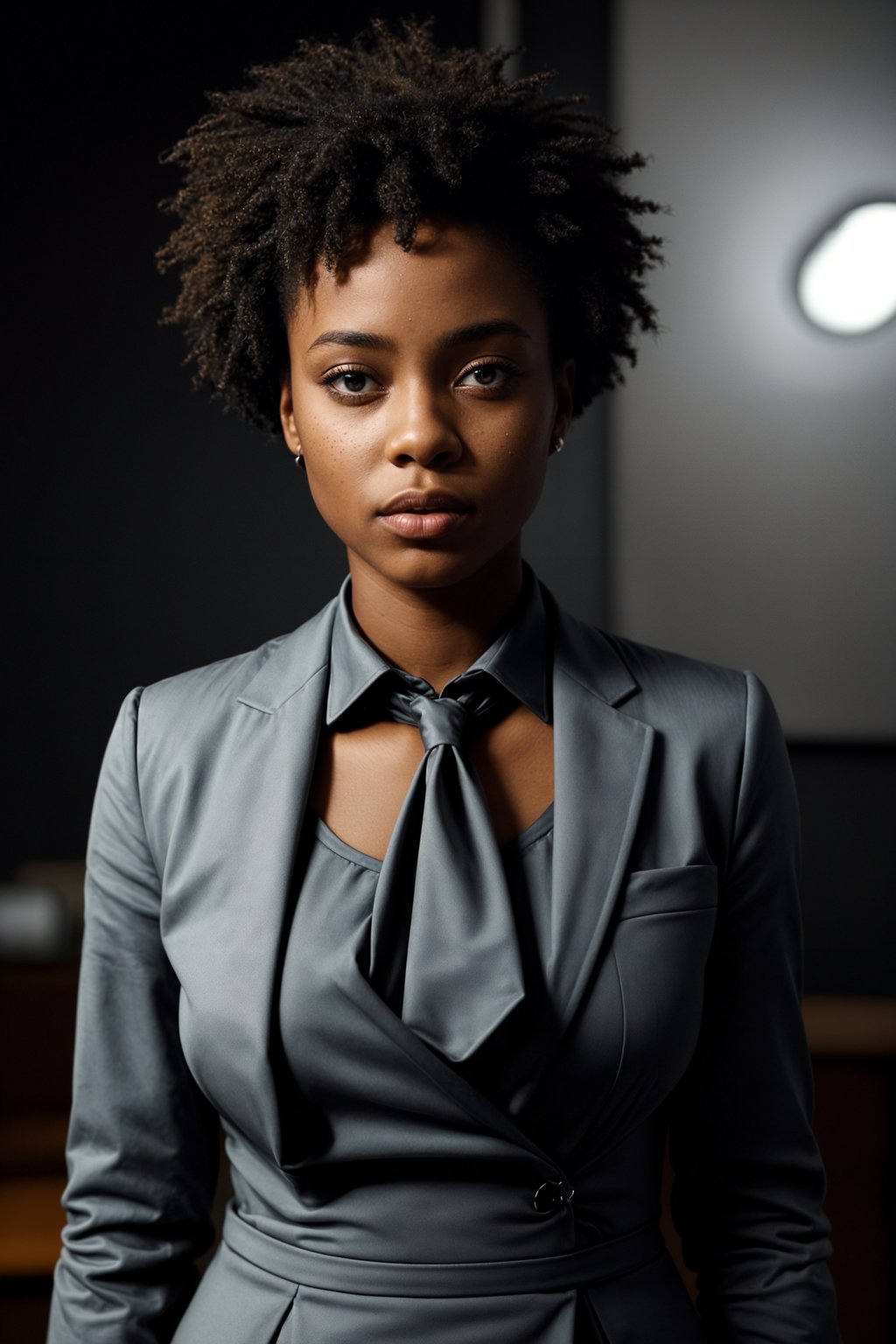 woman showcasing a modern slim-fit charcoal with a light blue dress shirt and a contrasting pocket square