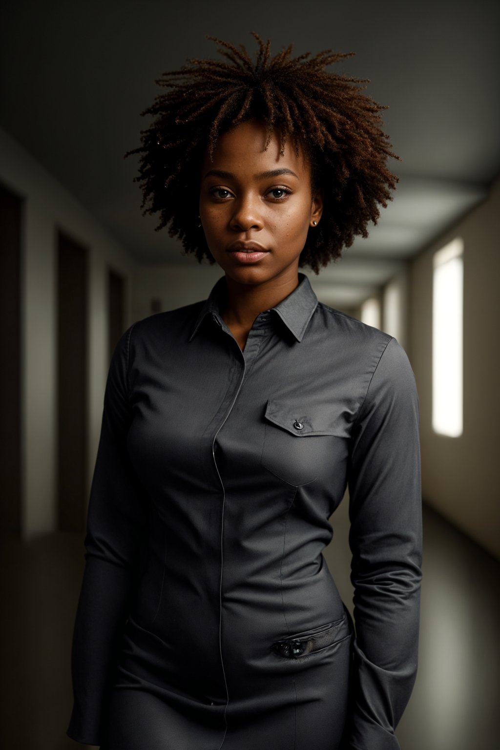 woman showcasing a modern slim-fit charcoal with a light blue dress shirt and a contrasting pocket square