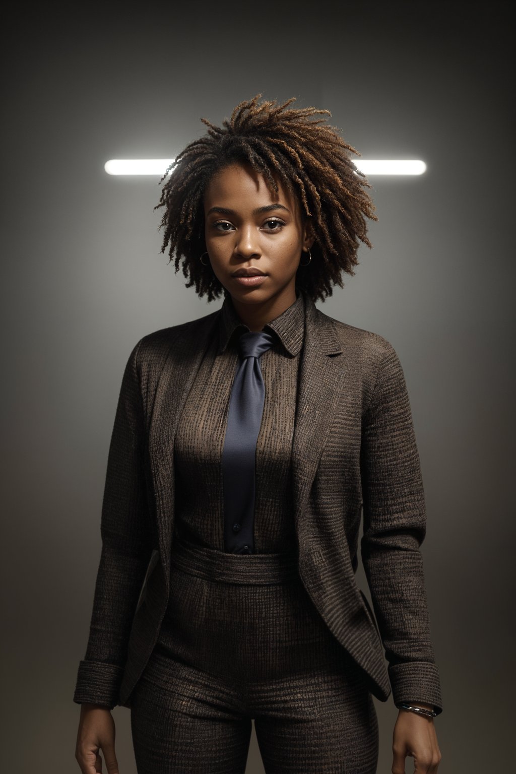 woman showcasing a dappersuit in a bold plaid pattern with a solid-colored shirt and a knitted tie