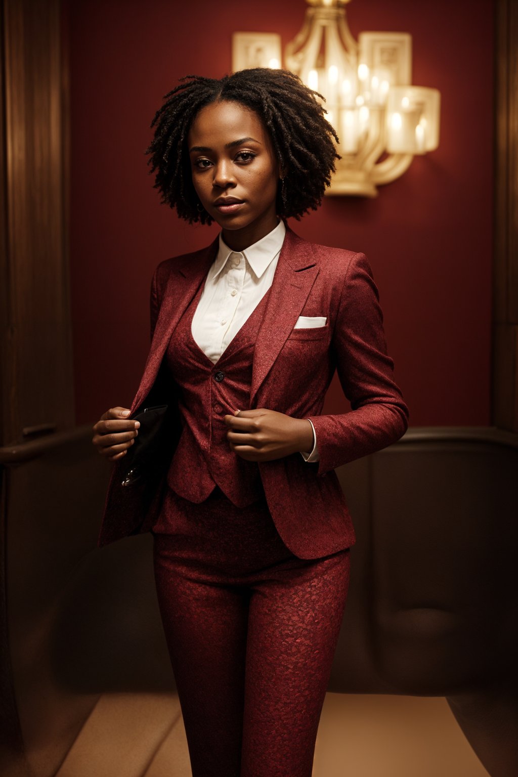 woman trying on a stylish three-piece suit in a rich burgundy color with a crisp white shirt and a paisley patterned pocket square