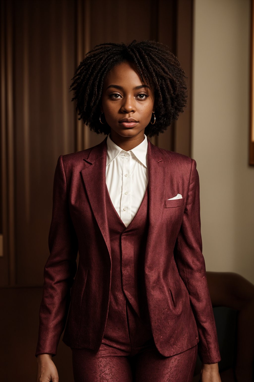 woman trying on a stylish three-piece suit in a rich burgundy color with a crisp white shirt and a paisley patterned pocket square