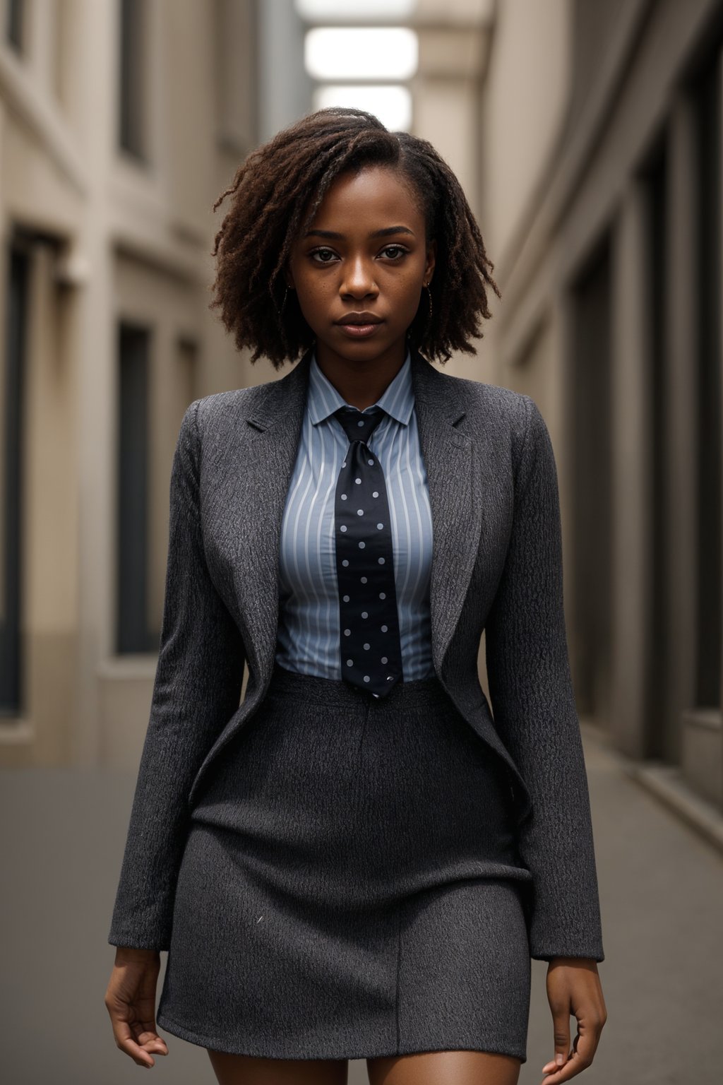 woman wearing a classic navy herringbone suit with a light pink dress shirt and a polka dot tie