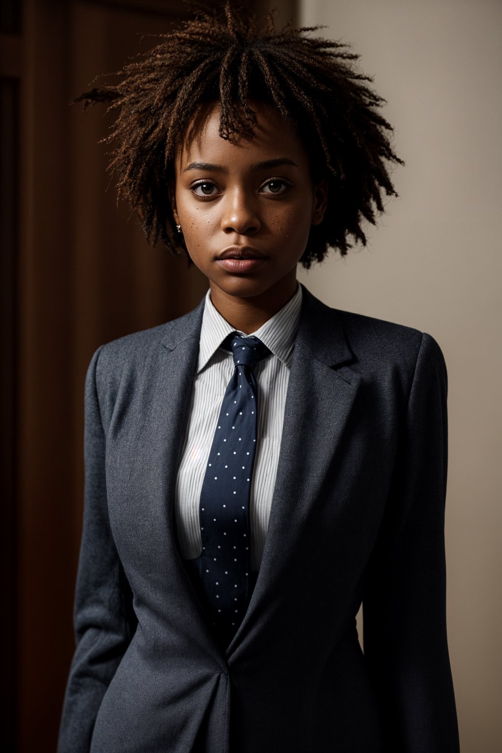 woman wearing a classic navy herringbone suit with a light pink dress shirt and a polka dot tie