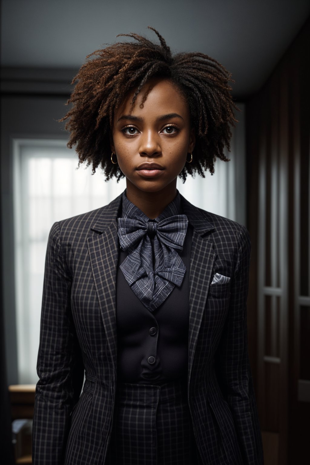 woman showcasing a unique windowpane check suit in a navy blue color with a patterned shirt and a contrasting bow tie