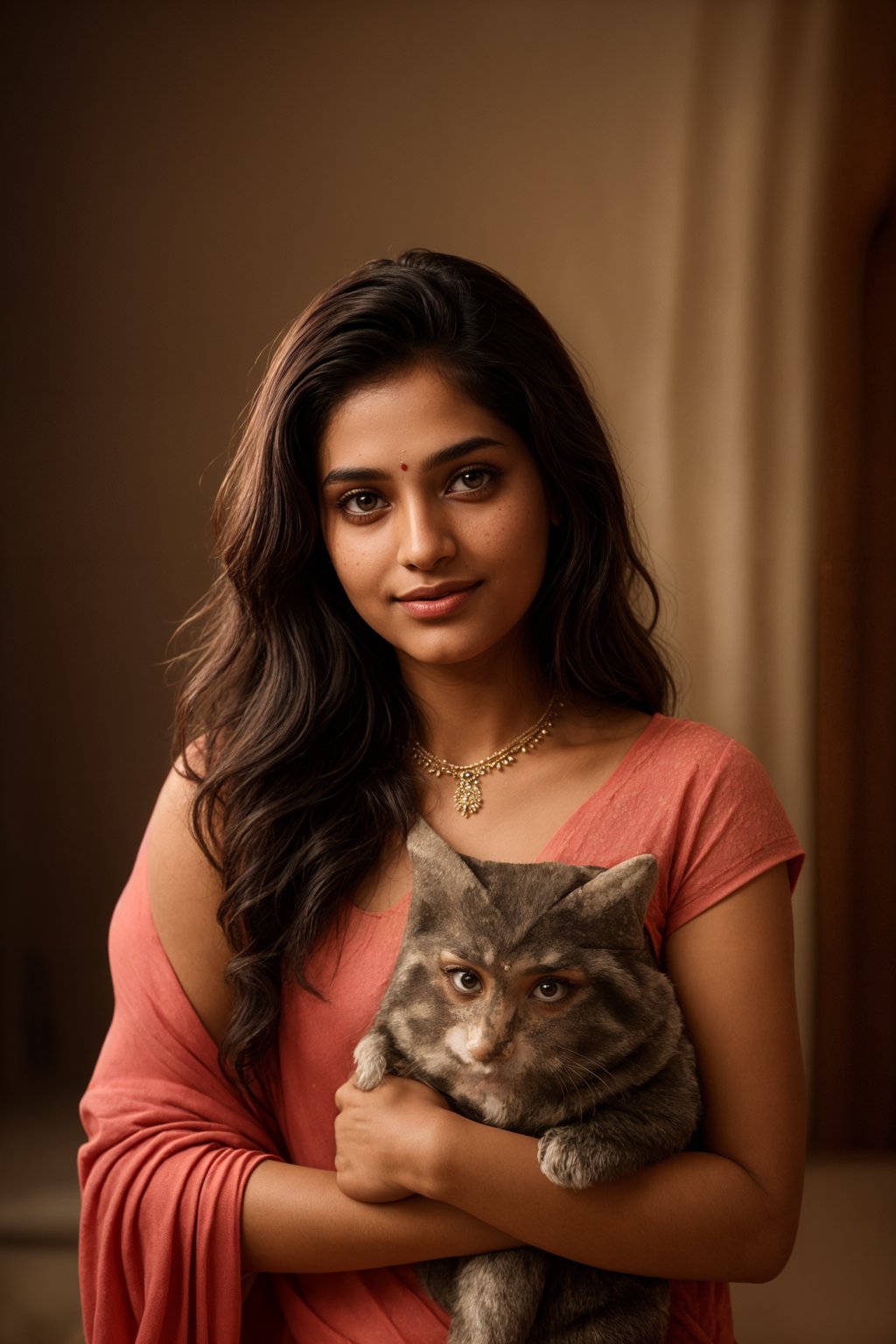 smiling  feminine woman posing with a cute pet