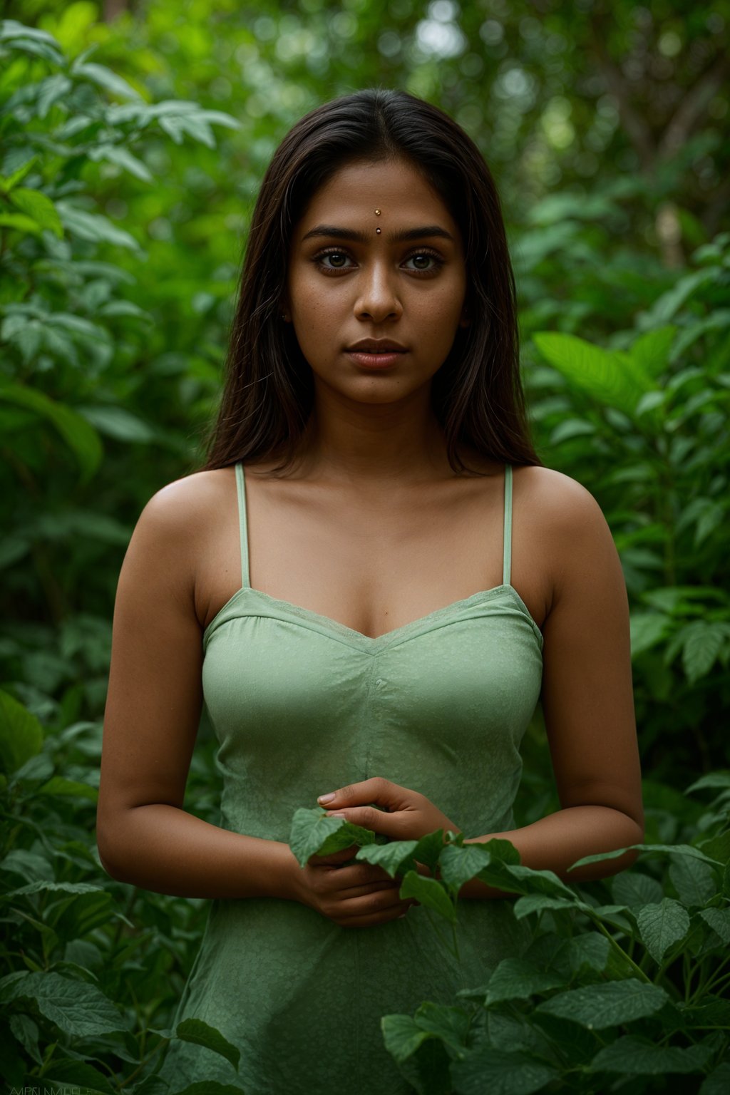 a captivating  feminine woman embracing nature, surrounded by lush greenery or blooming flowers in a garden