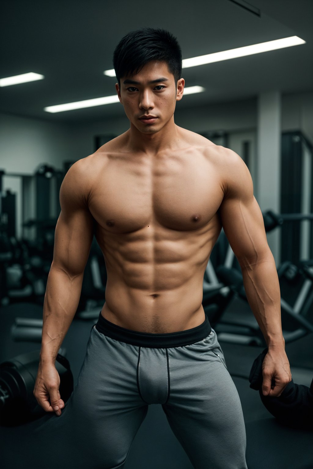 masculine  man wearing yoga pants or shorts and sports top in the fitness gym working out. dramatic lighting highly detailed