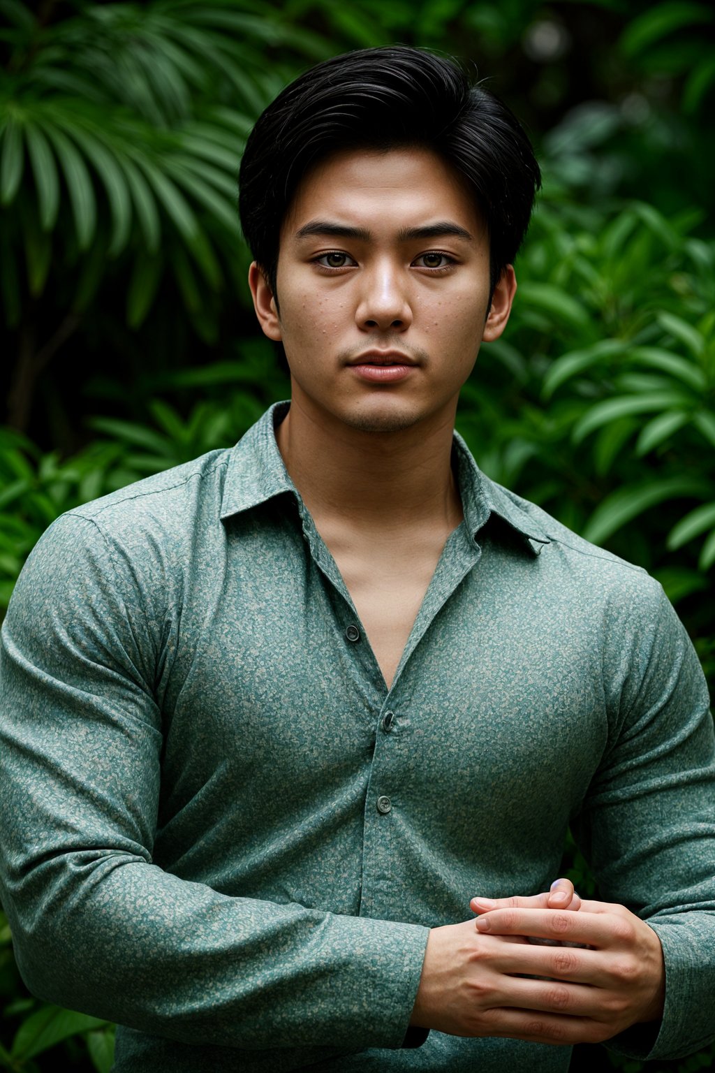 a captivating masculine  man embracing nature, surrounded by lush greenery or blooming flowers in a garden