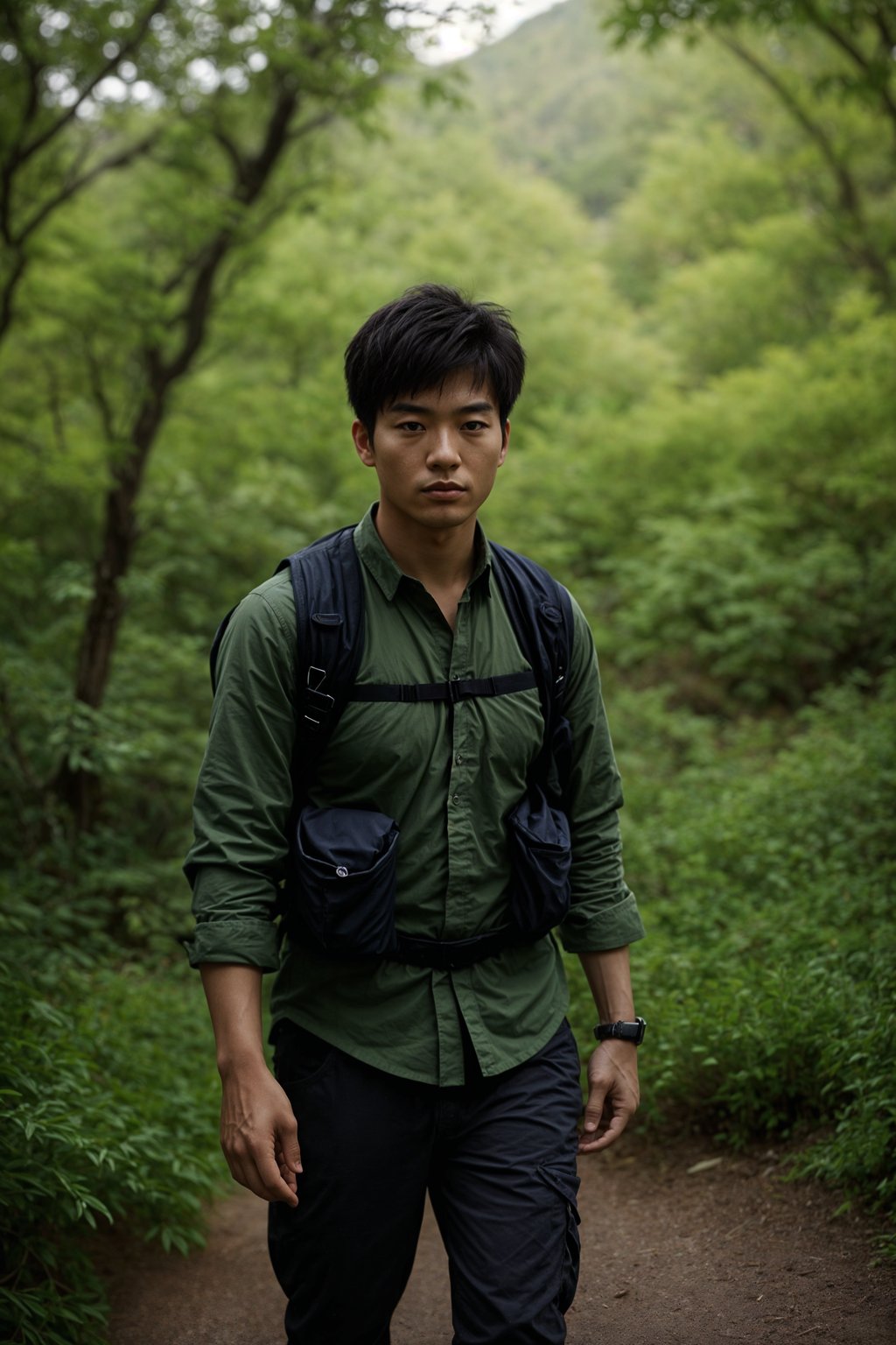 an adventurous masculine  man hiking in the mountains, enjoying the beauty of nature and the sense of adventure