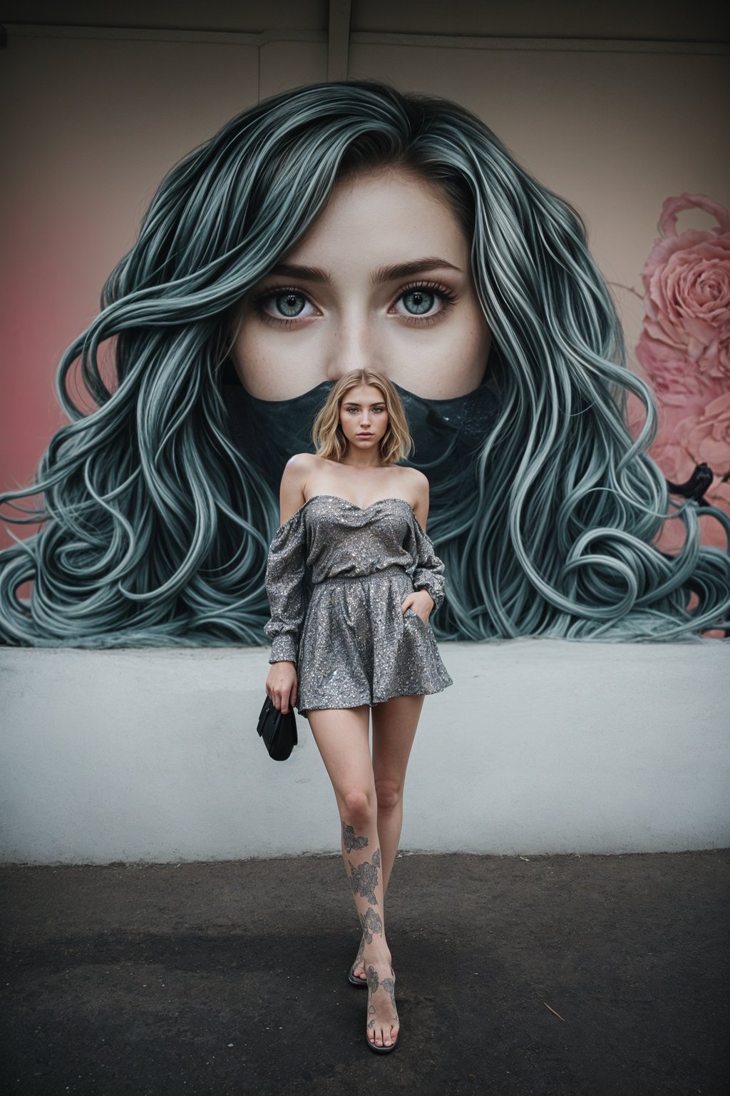 a fashionable  feminine woman posing in front of street art, showcasing their unique style and creativity