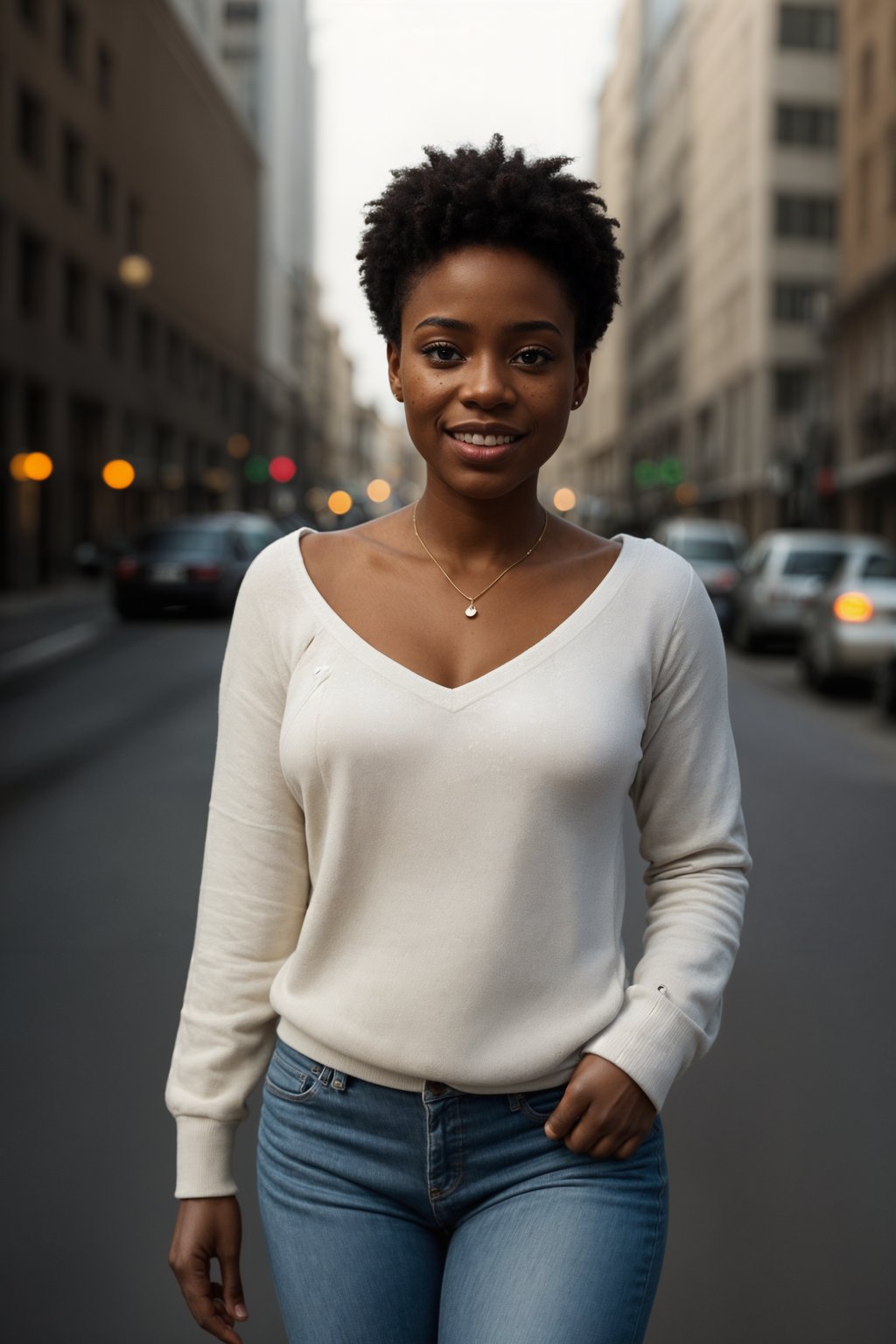 smiling  feminine woman taking a casual stroll through a cityscape