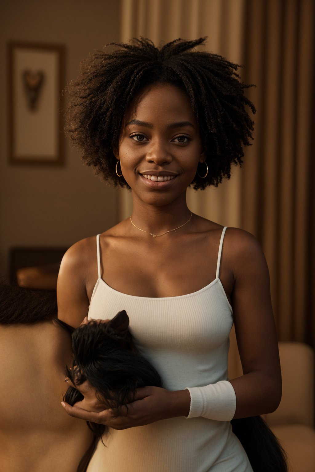 smiling  feminine woman posing with a cute pet