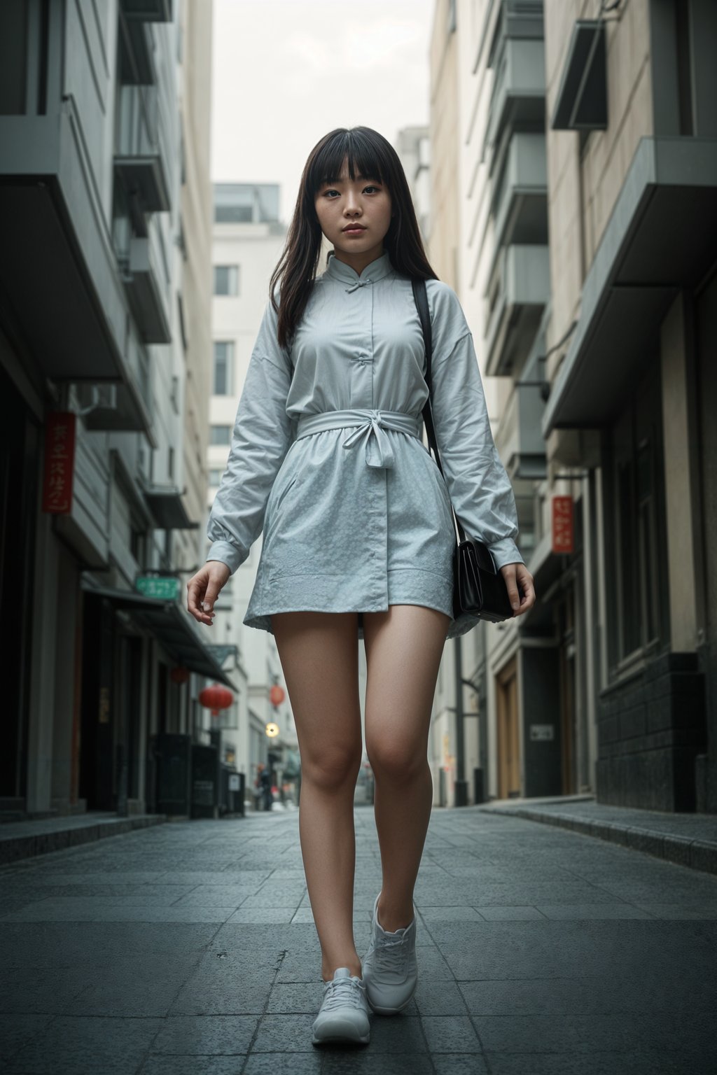 smiling  feminine woman taking a casual stroll through a cityscape