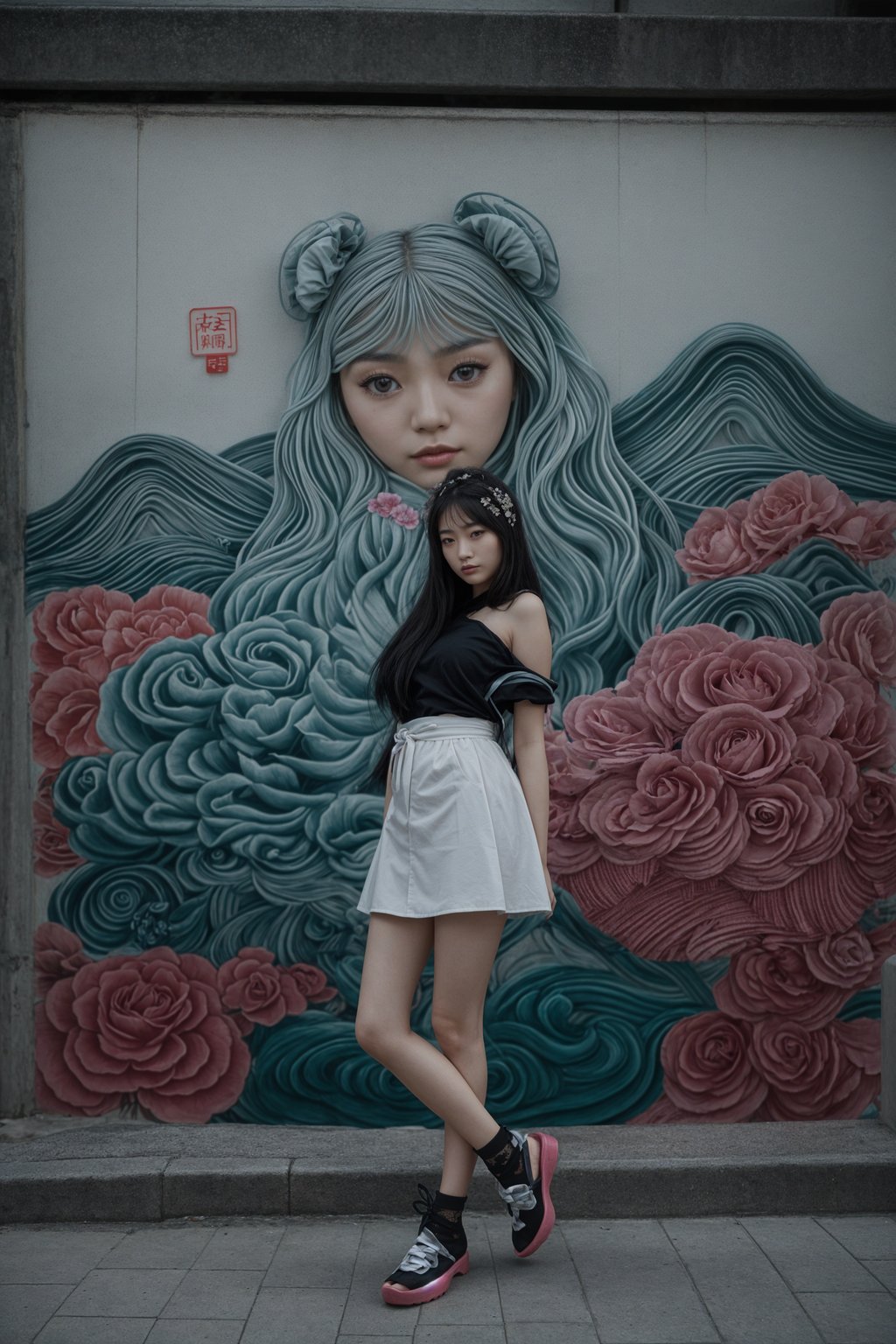 a fashionable  feminine woman posing in front of street art, showcasing their unique style and creativity