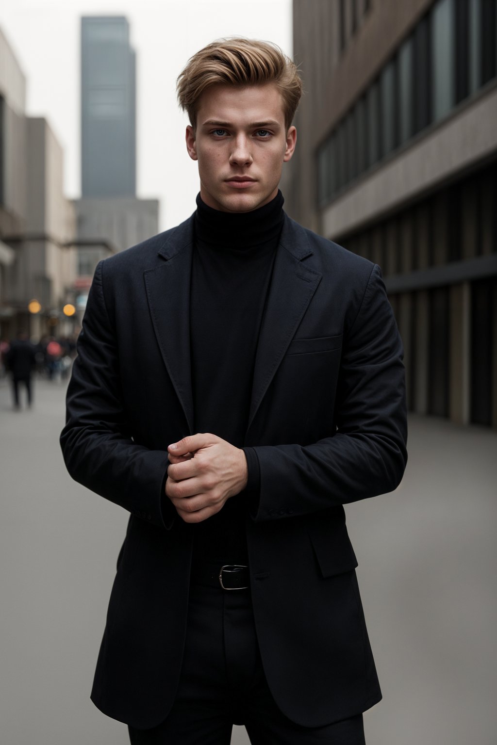 a confident masculine  man dressed in stylish attire, striking a pose in a trendy urban setting