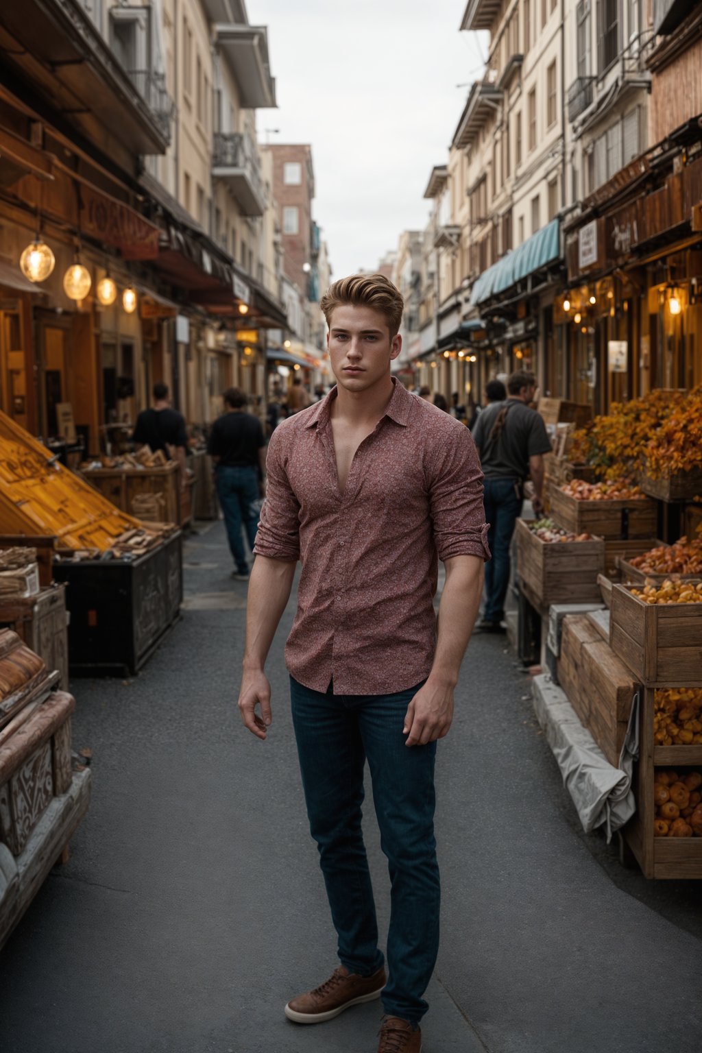 a charismatic masculine  man exploring a vibrant street market, capturing the essence of a cultural experience