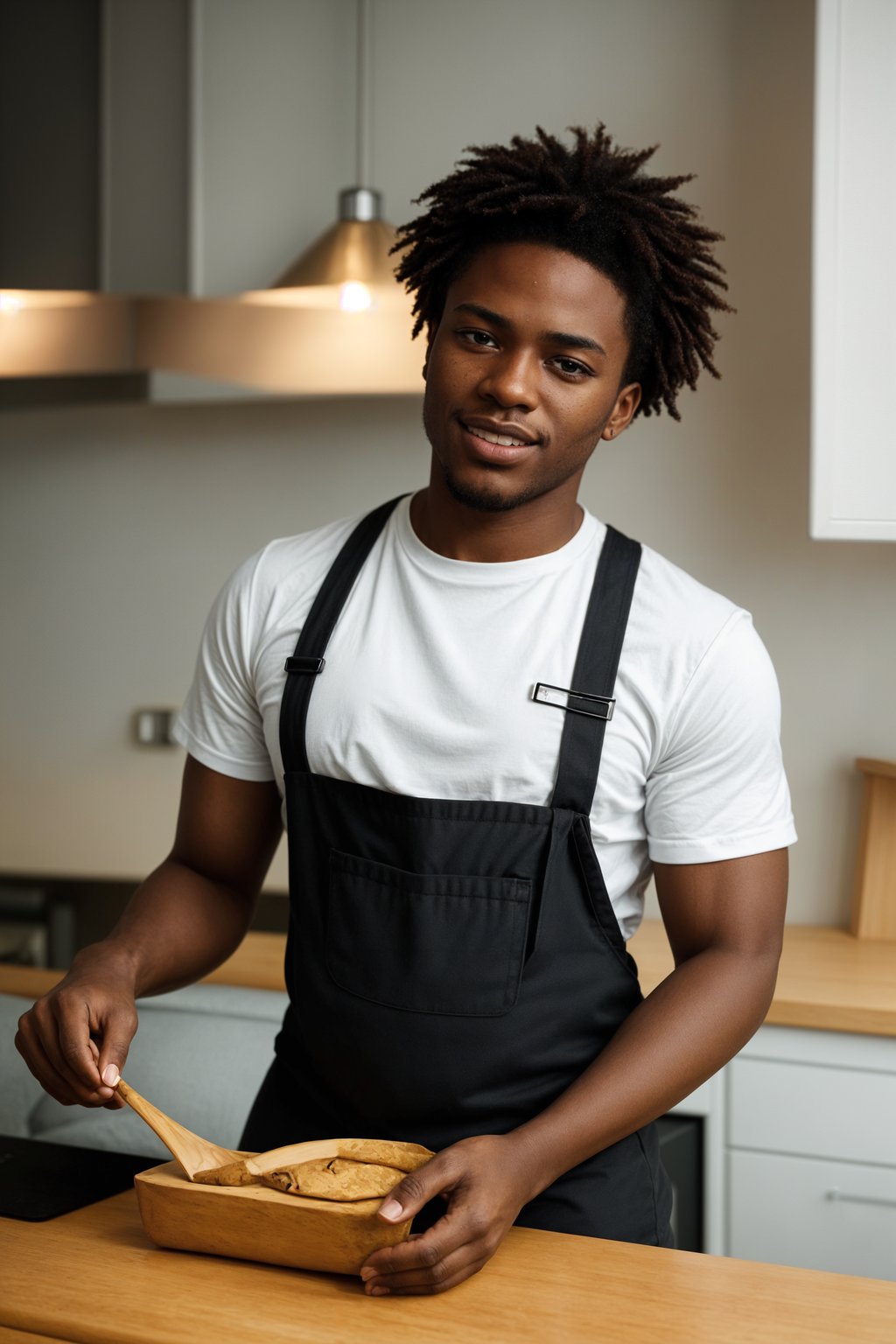 smiling masculine  man cooking or baking in a modern kitchen