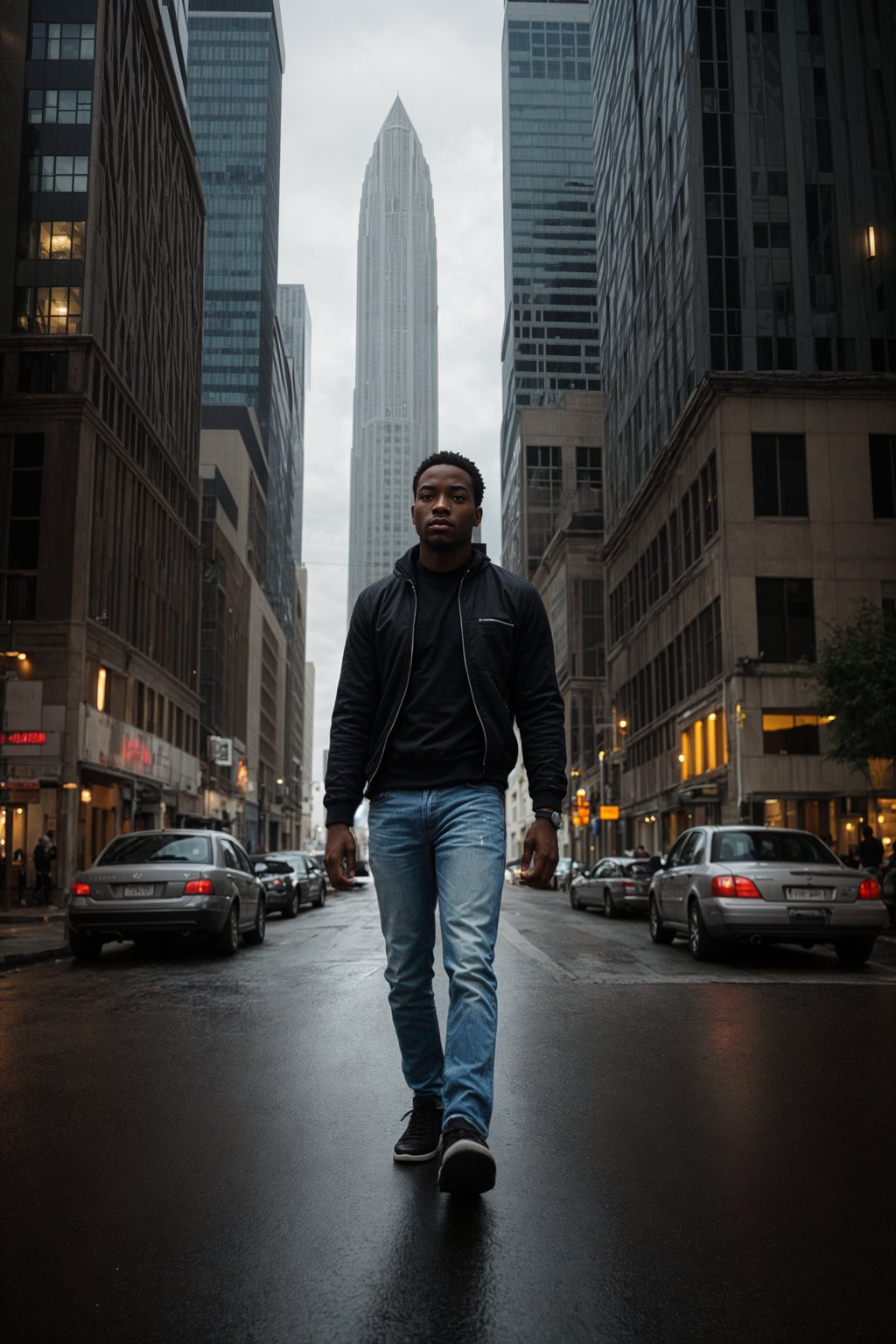 smiling masculine  man taking a casual stroll through a cityscape