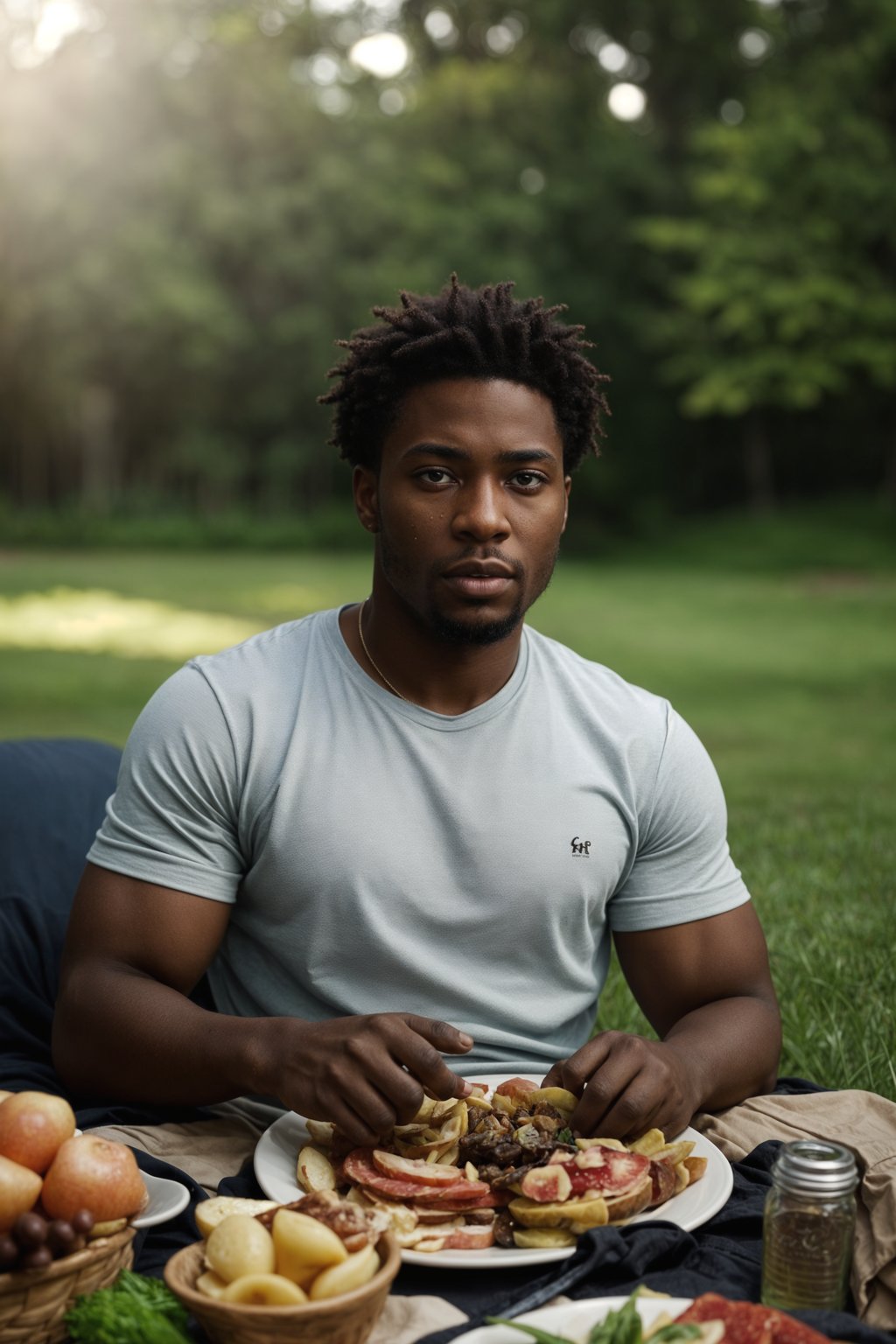 masculine  man having a fun outdoor picnic