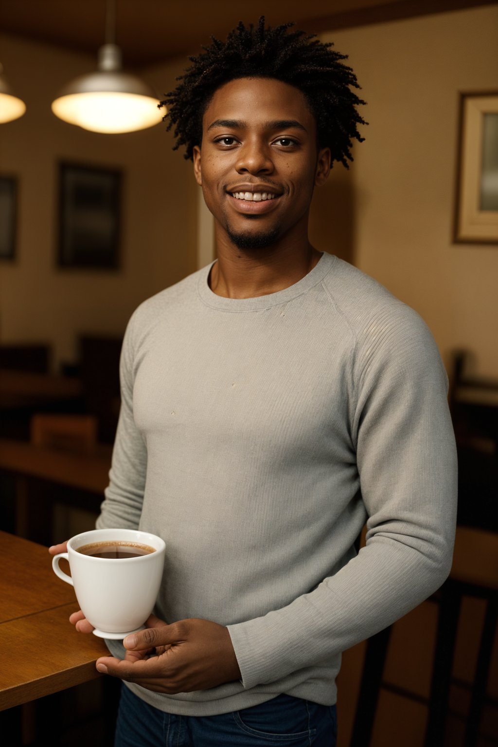 an attractive masculine  man with a captivating smile, holding a cup of coffee in a cozy cafe