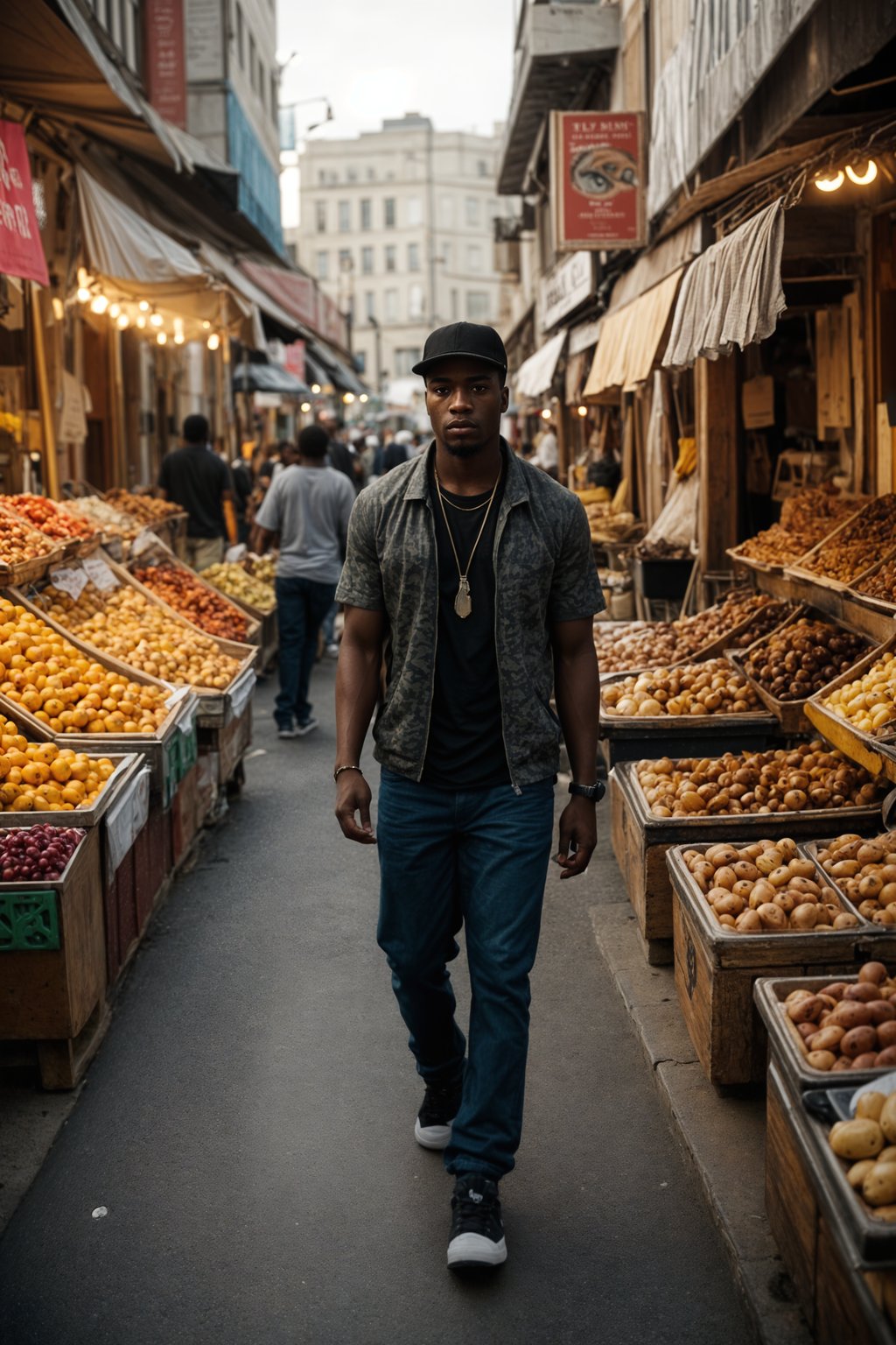 a charismatic masculine  man exploring a vibrant street market, capturing the essence of a cultural experience