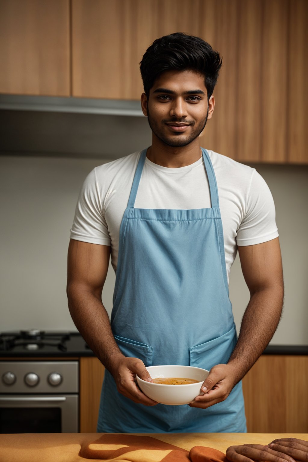 smiling masculine  man cooking or baking in a modern kitchen