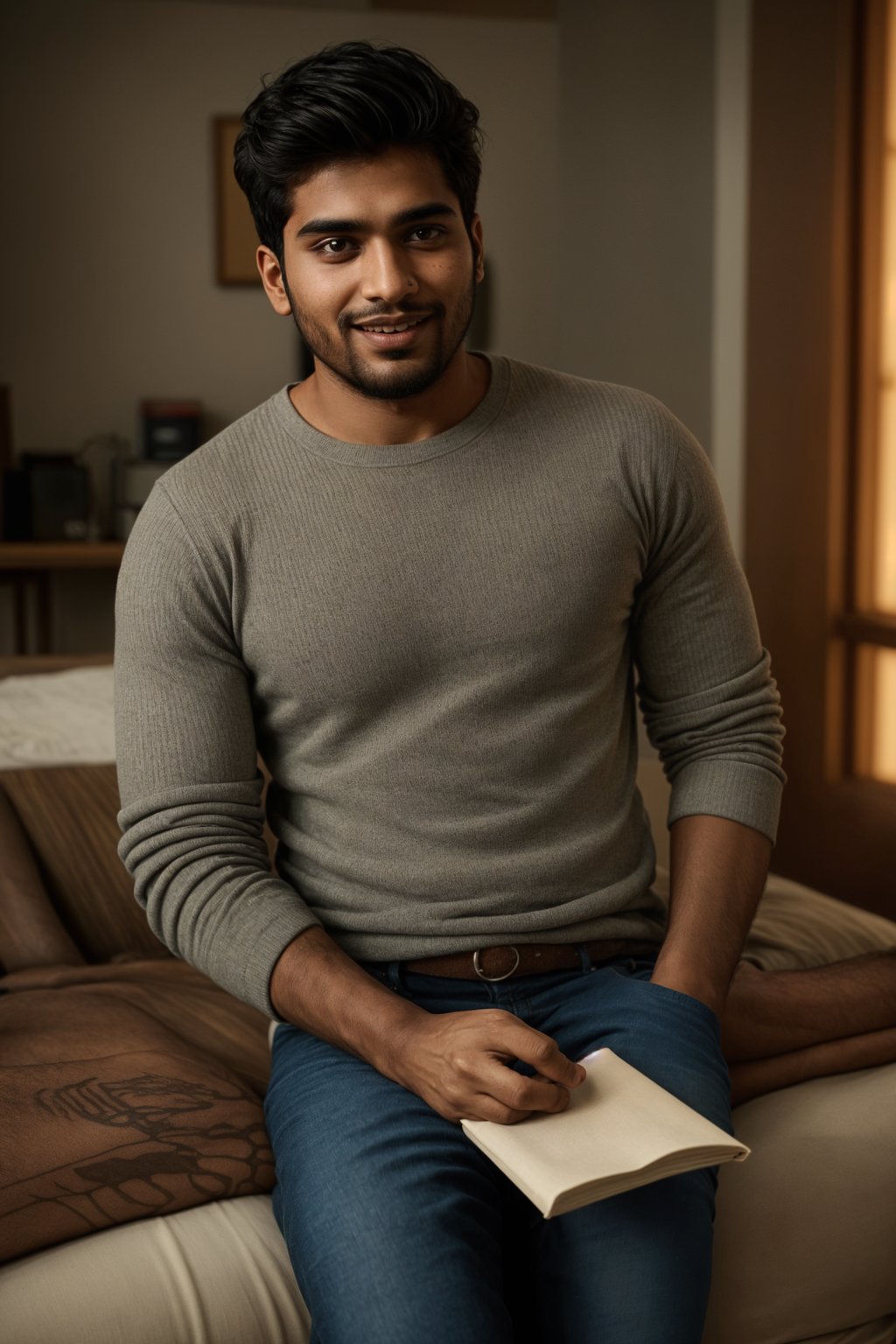 smiling masculine  man reading a book in a cozy home environment