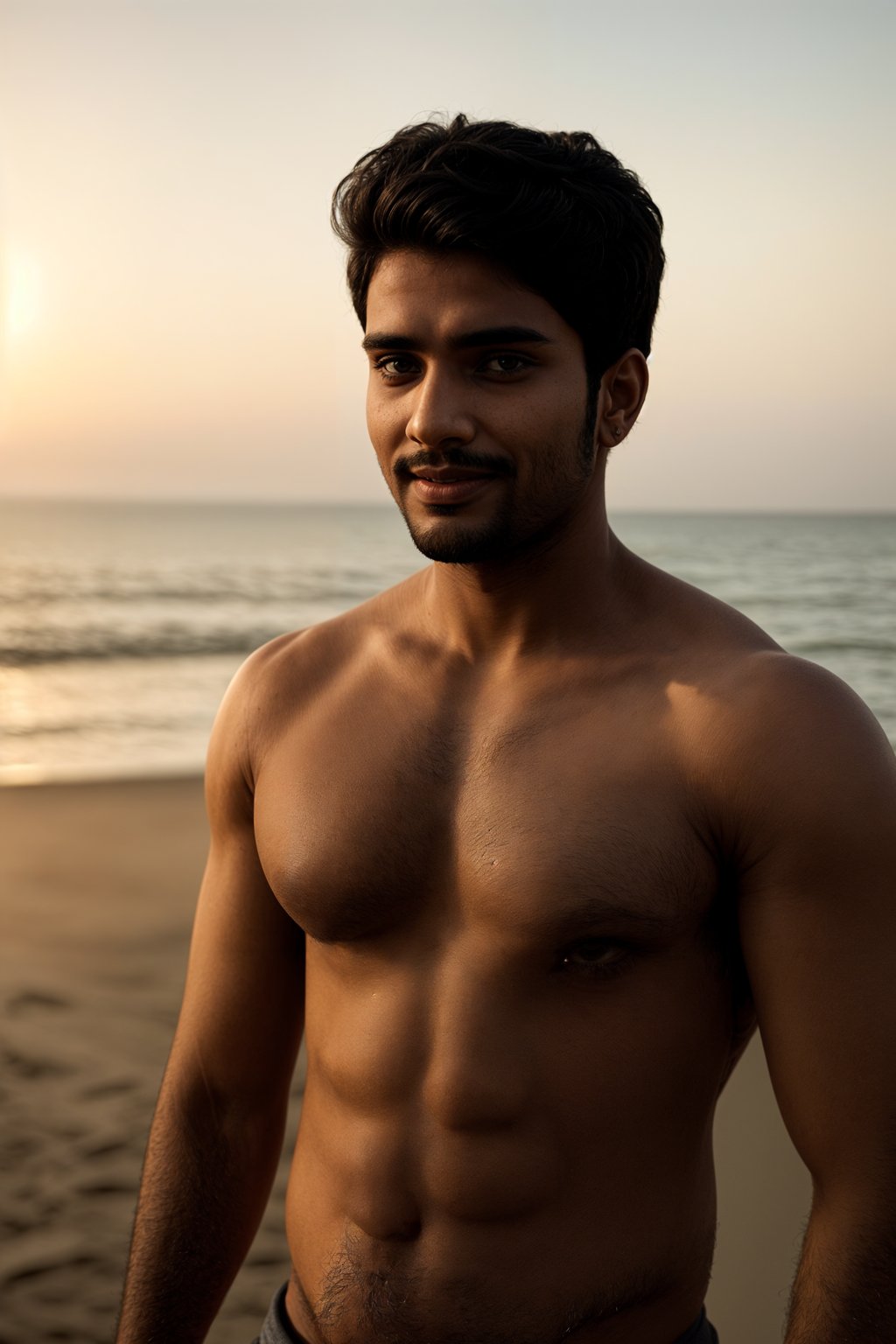 smiling masculine  man enjoying a sunset at a beach or park