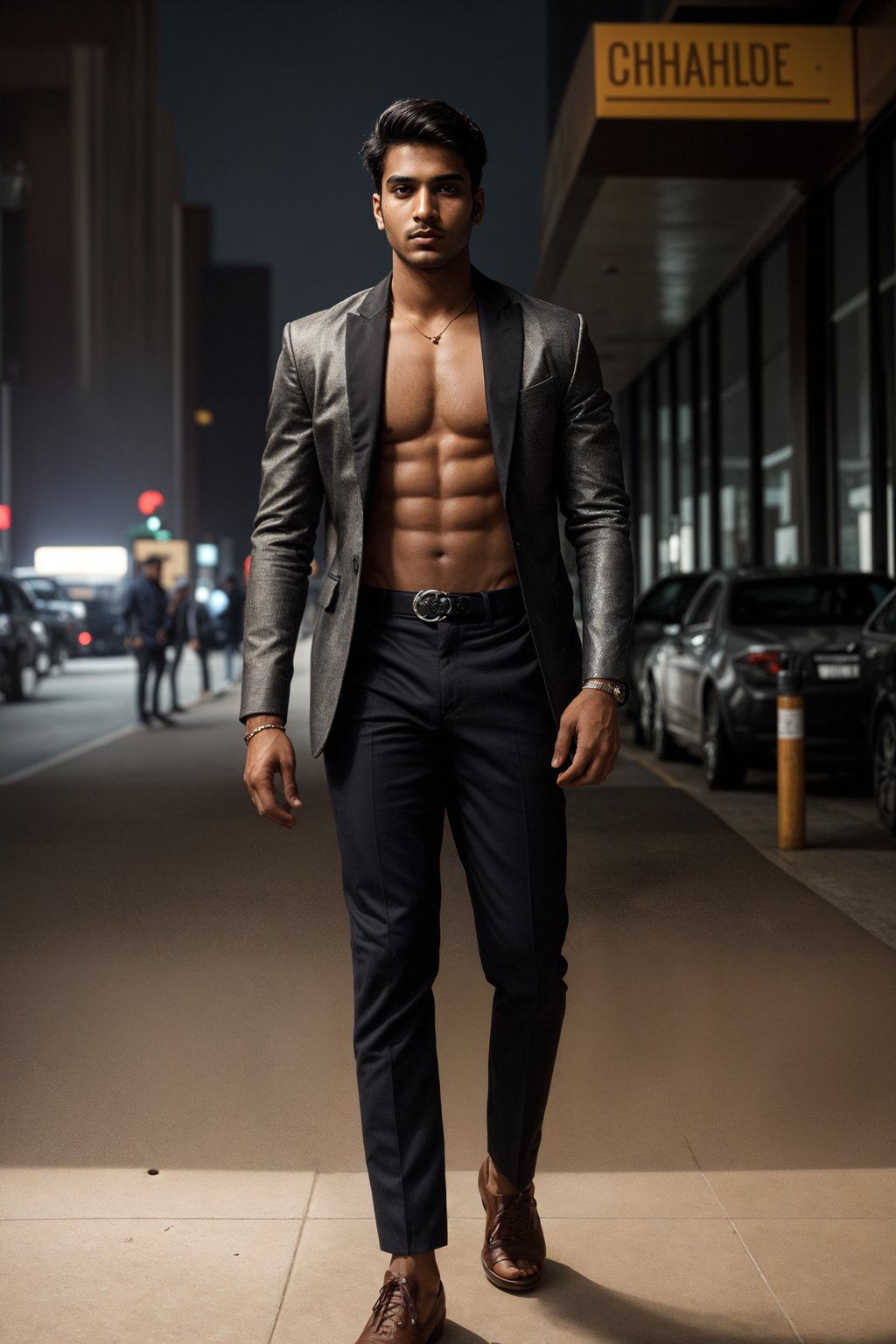 a confident masculine  man dressed in stylish attire, striking a pose in a trendy urban setting