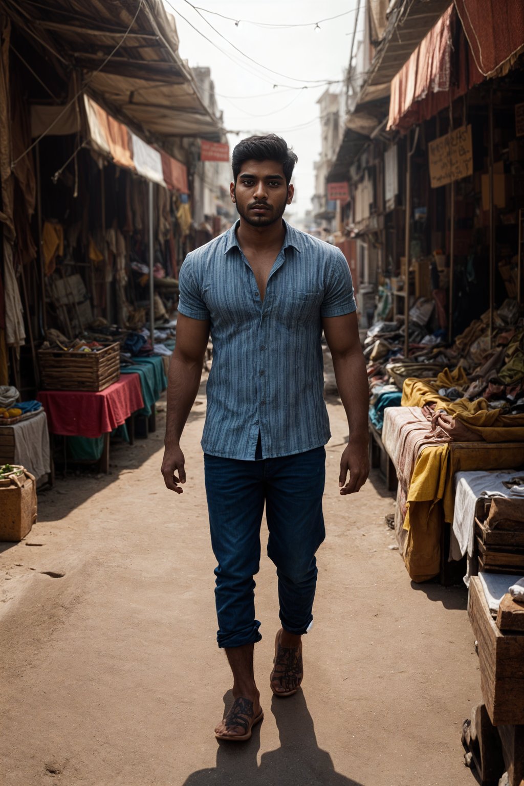 a charismatic masculine  man exploring a vibrant street market, capturing the essence of a cultural experience