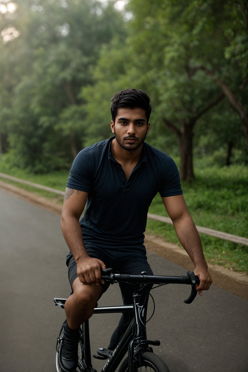 a stylish masculine  man enjoying a leisurely bike ride along a scenic path