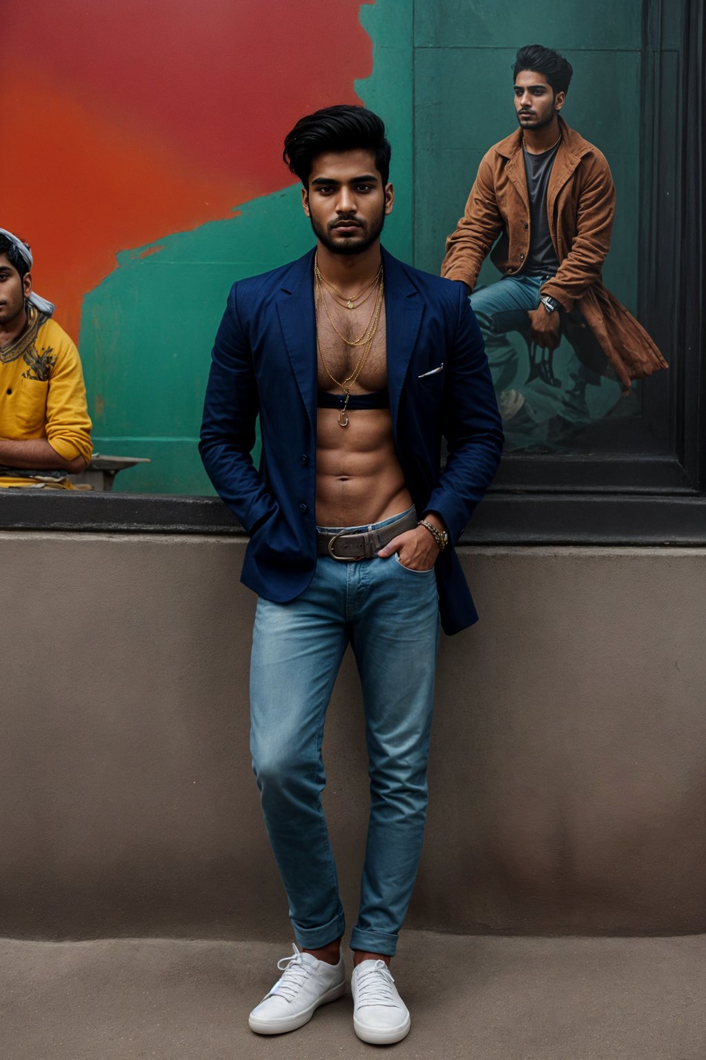 a fashionable masculine  man posing in front of street art, showcasing their unique style and creativity