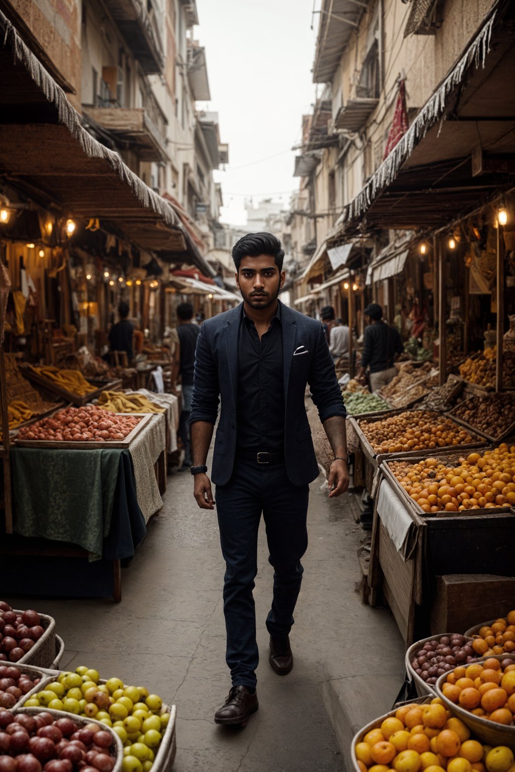 a stylish masculine  man exploring a vibrant market, interacting with vendors and discovering unique treasures.