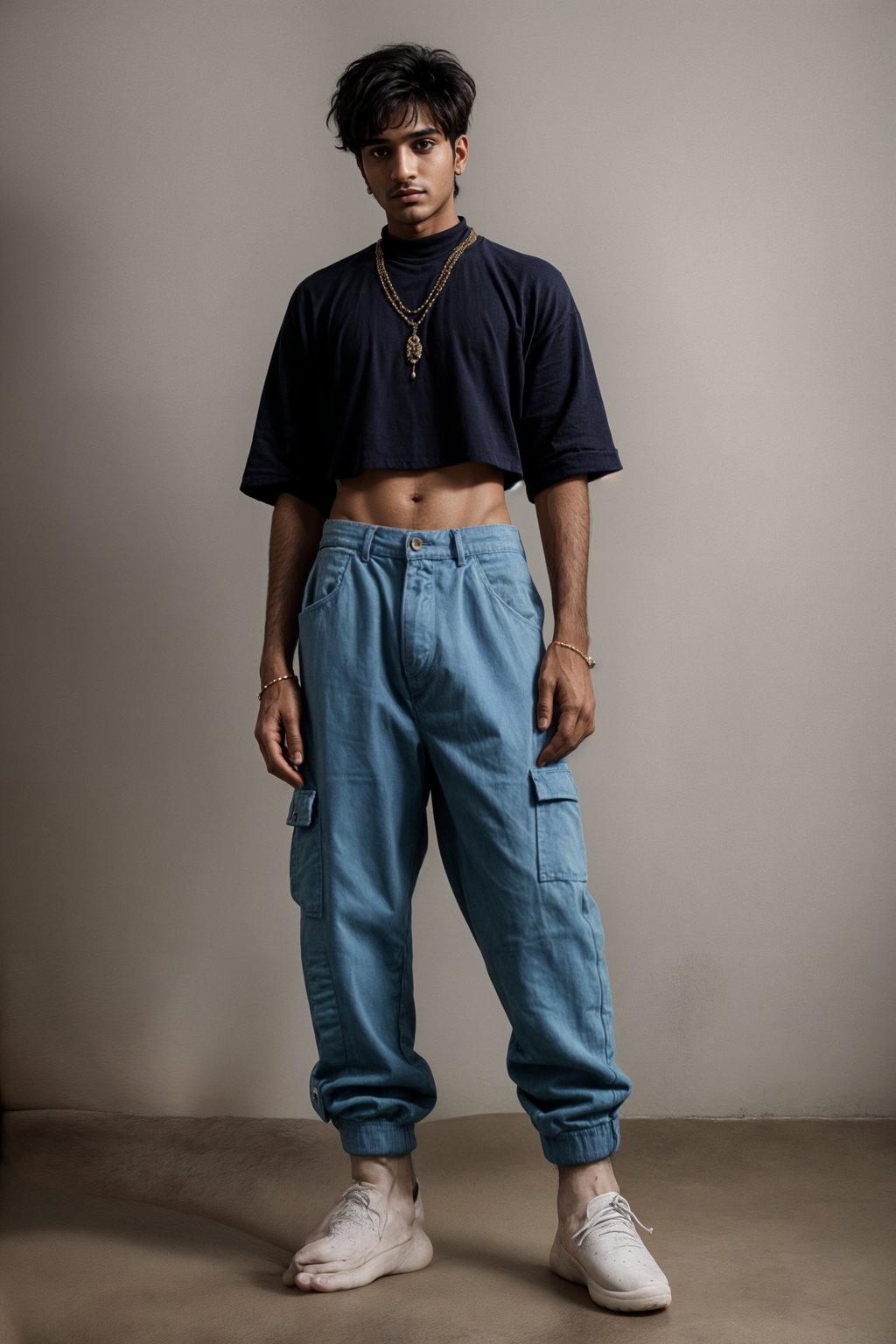 man wearing Y2K aesthetic, 2000s fashion, aughts style, noughties style, grunge or 2000s style, oversized washed out style, baggy pants, low rise pants or cargo pants, crop top, Choker, Metallic, iridescent fabrics, posing for photo