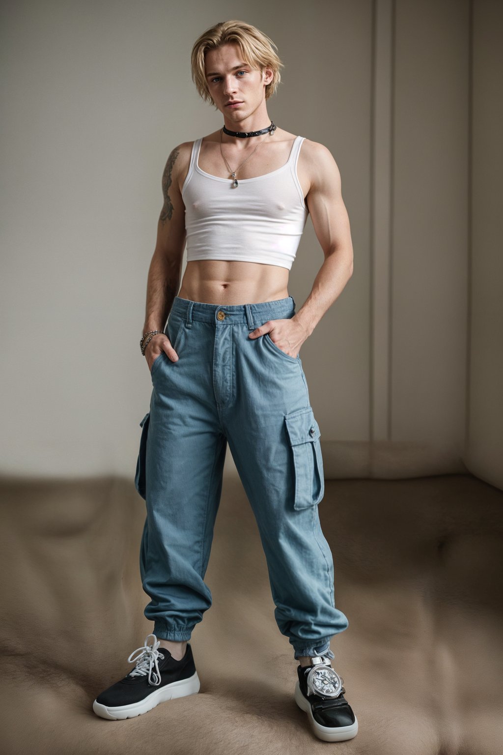 man wearing Y2K aesthetic, 2000s fashion, aughts style, noughties style, grunge or 2000s style, oversized washed out style, baggy pants, low rise pants or cargo pants, crop top, Choker, Metallic, iridescent fabrics, posing for photo