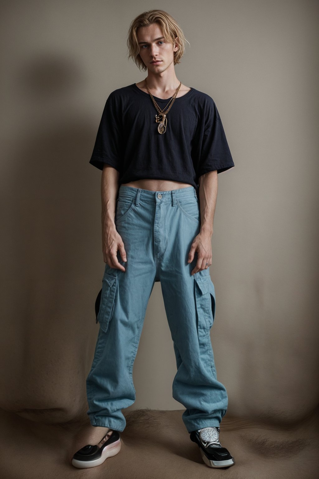 man wearing Y2K aesthetic, 2000s fashion, aughts style, noughties style, grunge or 2000s style, oversized washed out style, baggy pants, low rise pants or cargo pants, crop top, Choker, Metallic, iridescent fabrics, posing for photo