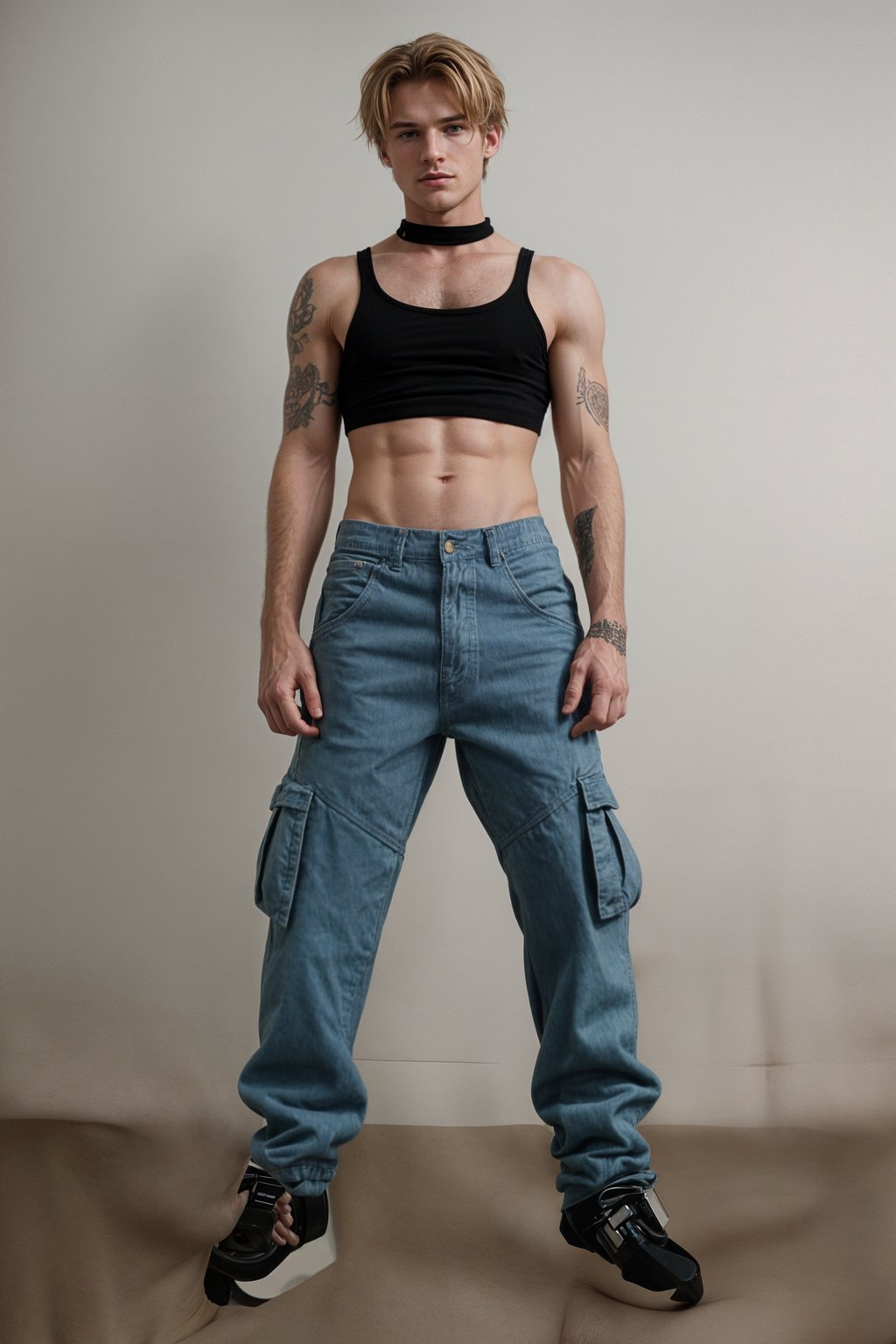 man wearing Y2K aesthetic, 2000s fashion, aughts style, noughties style, grunge or 2000s style, oversized washed out style, baggy pants, low rise pants or cargo pants, crop top, Choker, Metallic, iridescent fabrics, posing for photo