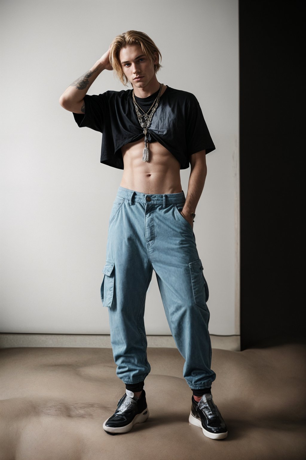 man wearing Y2K aesthetic, 2000s fashion, aughts style, noughties style, grunge or 2000s style, oversized washed out style, baggy pants, low rise pants or cargo pants, crop top, Choker, Metallic, iridescent fabrics, posing for photo