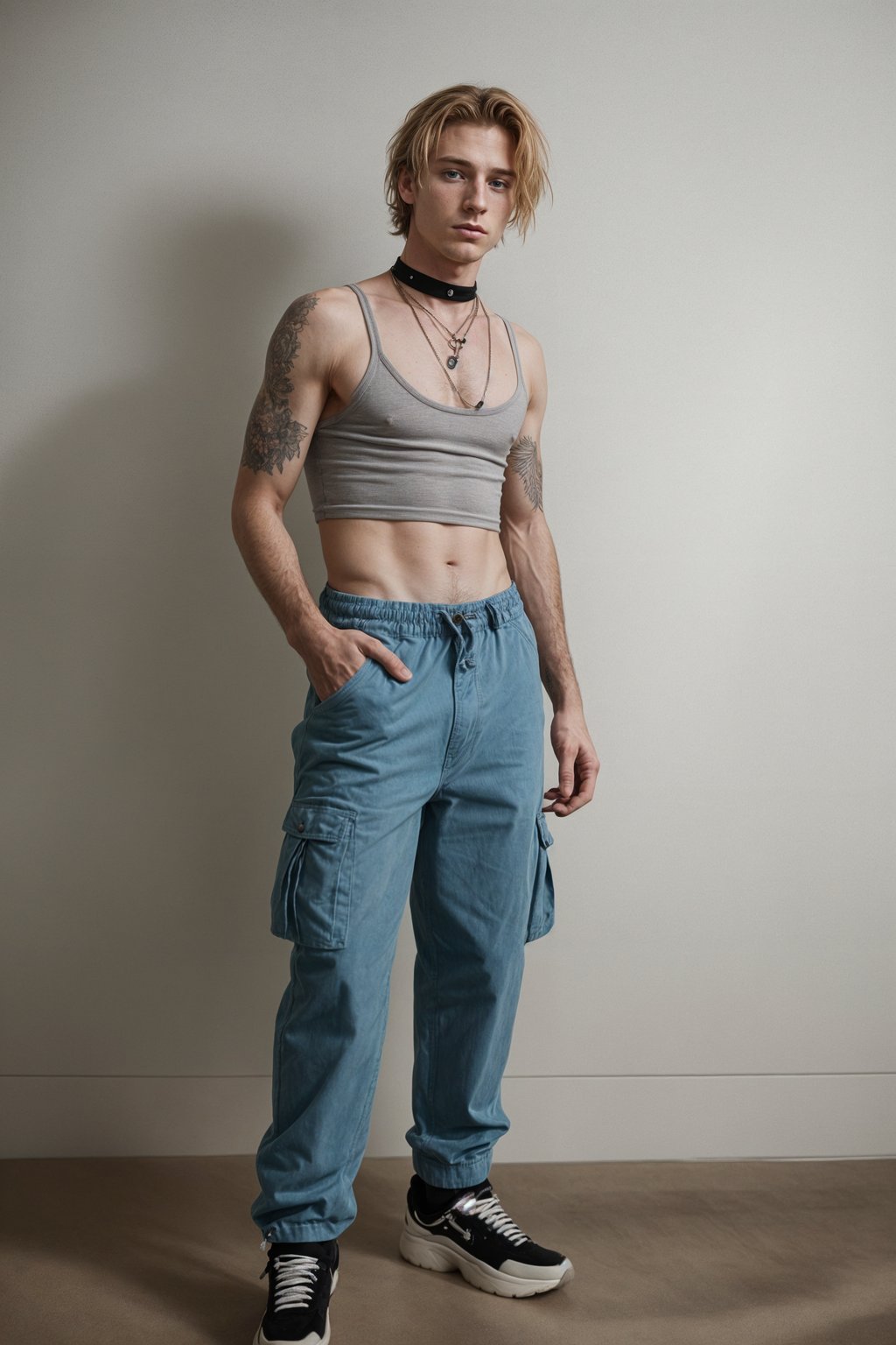 man wearing Y2K aesthetic, 2000s fashion, aughts style, noughties style, grunge or 2000s style, oversized washed out style, baggy pants, low rise pants or cargo pants, crop top, Choker, Metallic, iridescent fabrics, posing for photo