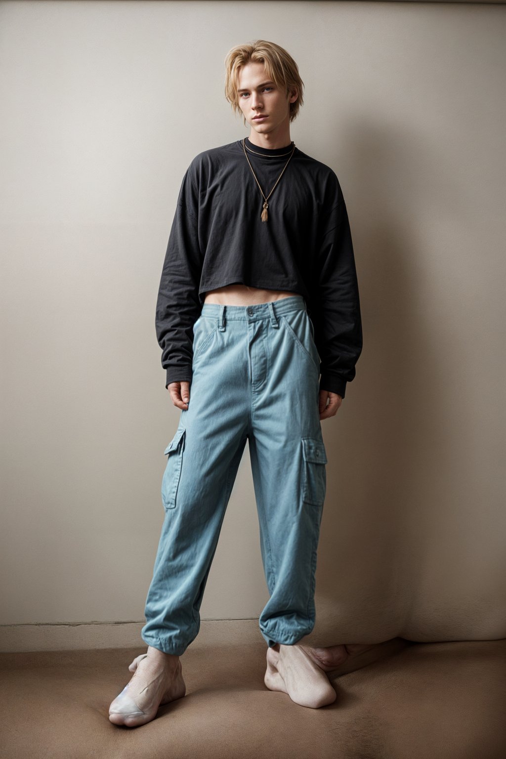 man wearing Y2K aesthetic, 2000s fashion, aughts style, noughties style, grunge or 2000s style, oversized washed out style, baggy pants, low rise pants or cargo pants, crop top, Choker, Metallic, iridescent fabrics, posing for photo