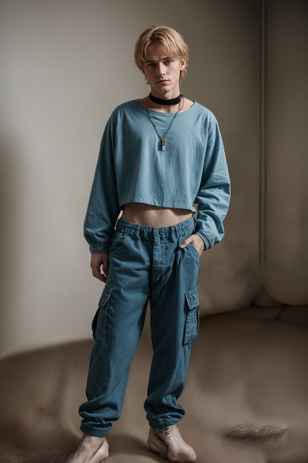 man wearing Y2K aesthetic, 2000s fashion, aughts style, noughties style, grunge or 2000s style, oversized washed out style, baggy pants, low rise pants or cargo pants, crop top, Choker, Metallic, iridescent fabrics, posing for photo