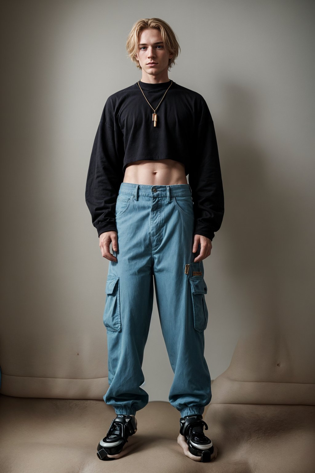 man wearing Y2K aesthetic, 2000s fashion, aughts style, noughties style, grunge or 2000s style, oversized washed out style, baggy pants, low rise pants or cargo pants, crop top, Choker, Metallic, iridescent fabrics, posing for photo