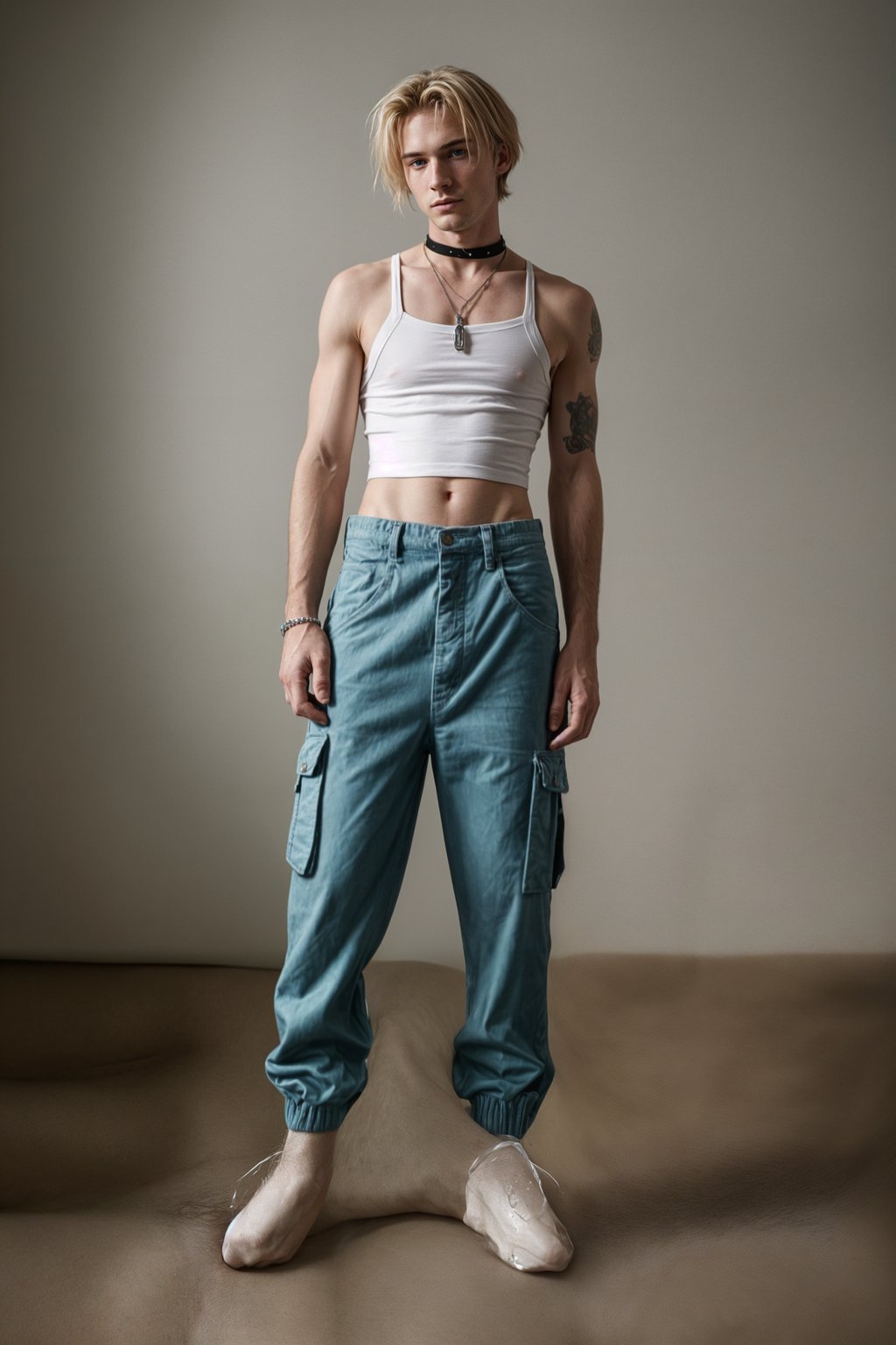 man wearing Y2K aesthetic, 2000s fashion, aughts style, noughties style, grunge or 2000s style, oversized washed out style, baggy pants, low rise pants or cargo pants, crop top, Choker, Metallic, iridescent fabrics, posing for photo